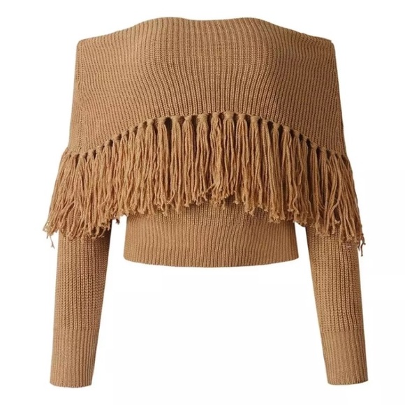 Camel Fringe Off The Shoulder Knit Sweater - Picture 2 of 2